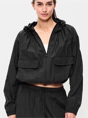 Old Navy Black Cropped Hooded Bomber Jacket